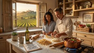 Couple learning to make fresh pasta with a private chef in a Tuscan farmhouse kitchen during an Italian cooking vacation.