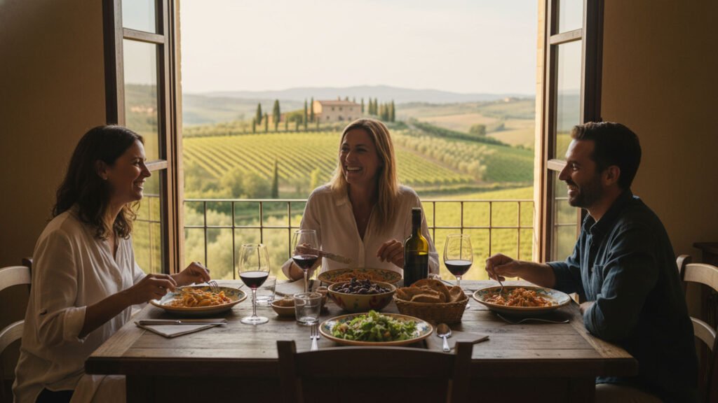 Guests enjoying a home-cooked Italian meal together at the end of a private cooking vacation in Tuscany
