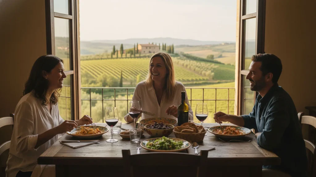 Guests enjoying a home-cooked Italian meal together at the end of a private cooking vacation in Tuscany
