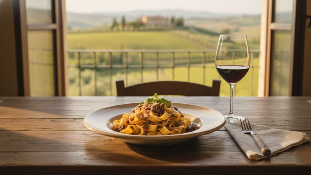 Handmade Italian dish with Chianti wine at a private cooking vacation in Tuscany Italy
