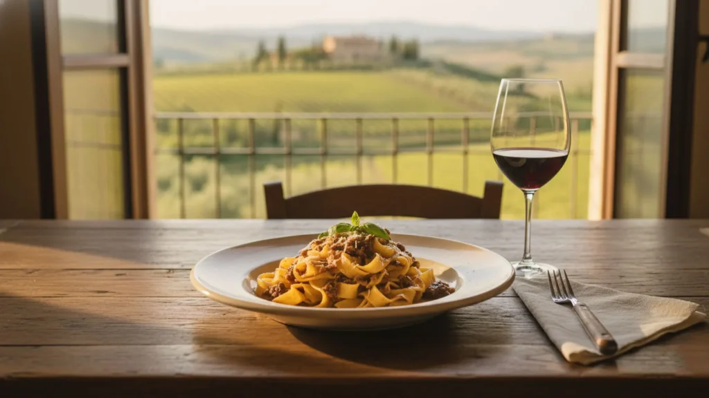 Handmade Italian dish with Chianti wine at a private cooking vacation in Tuscany Italy