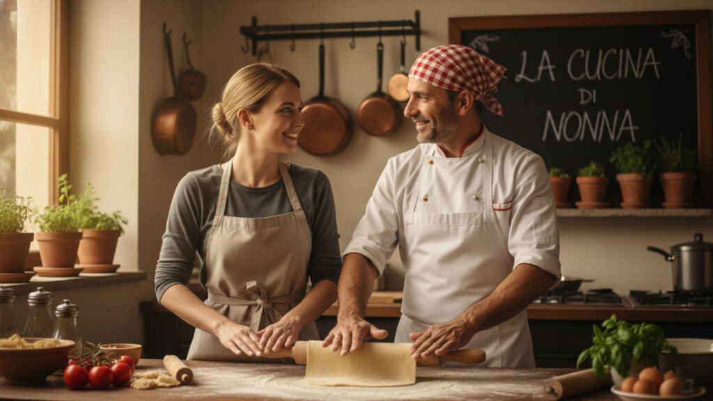 Private chef guiding a beginner through fresh pasta technique in a Tuscany cooking vacation