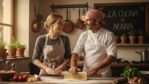 Private chef guiding a beginner through fresh pasta technique in a Tuscany cooking vacation