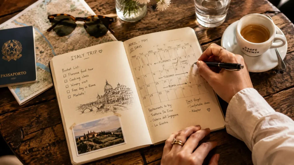 Open travel planner and espresso on a wooden Italian café table, with handwritten itinerary notes for a culinary vacation in Italy

