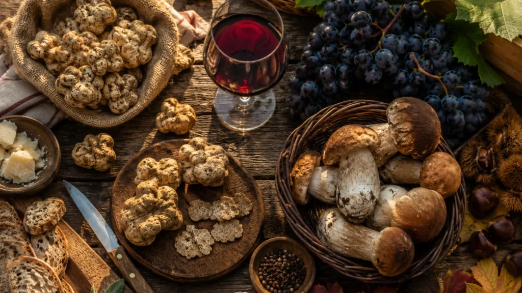 White truffles, porcini mushrooms, and fresh grapes arranged on a rustic wooden table at an Italian autumn market