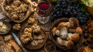 White truffles, porcini mushrooms, and fresh grapes arranged on a rustic wooden table at an Italian autumn market